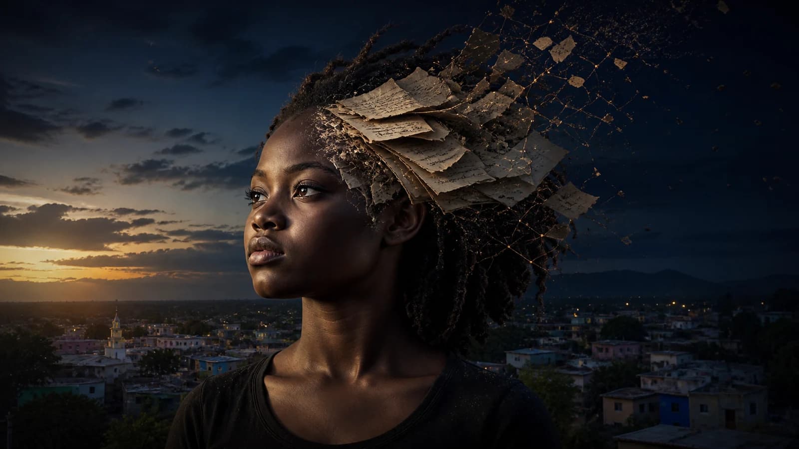 Jeune femme haïtienne devant Ouanaminthe, sa chevelure se transformant en pages et en constellations neuronales