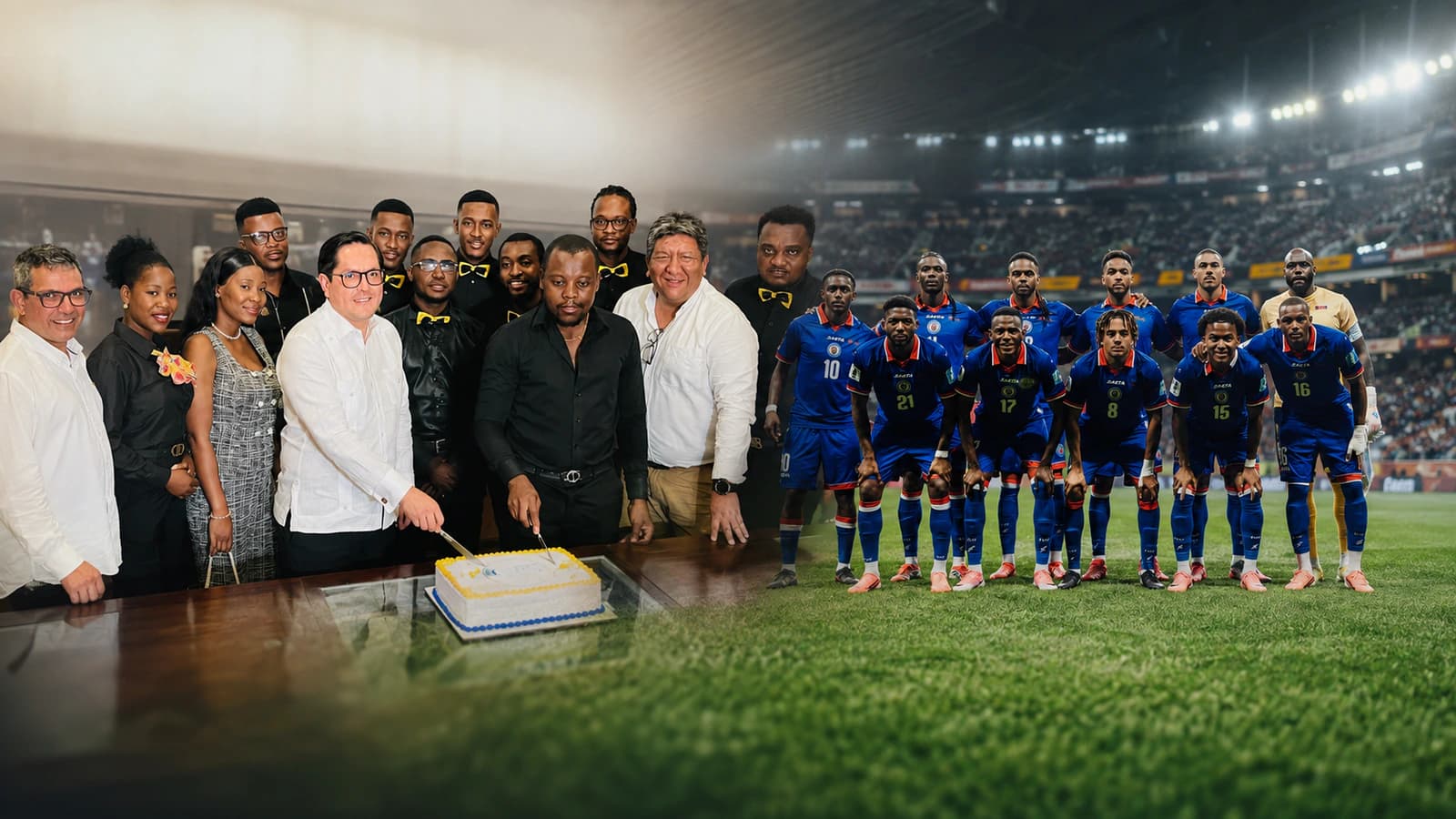 Montage des membres de MhatriX NG et de la sélection haïtienne de football dans un stade